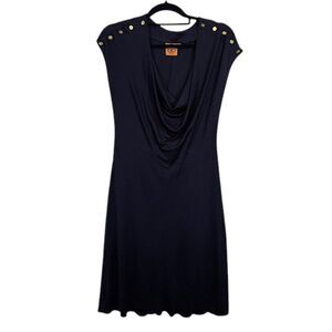 Tory Burch 100% Silk Dress Drape Neck Navy Blue Gold Tone Shoulder Buttons Small